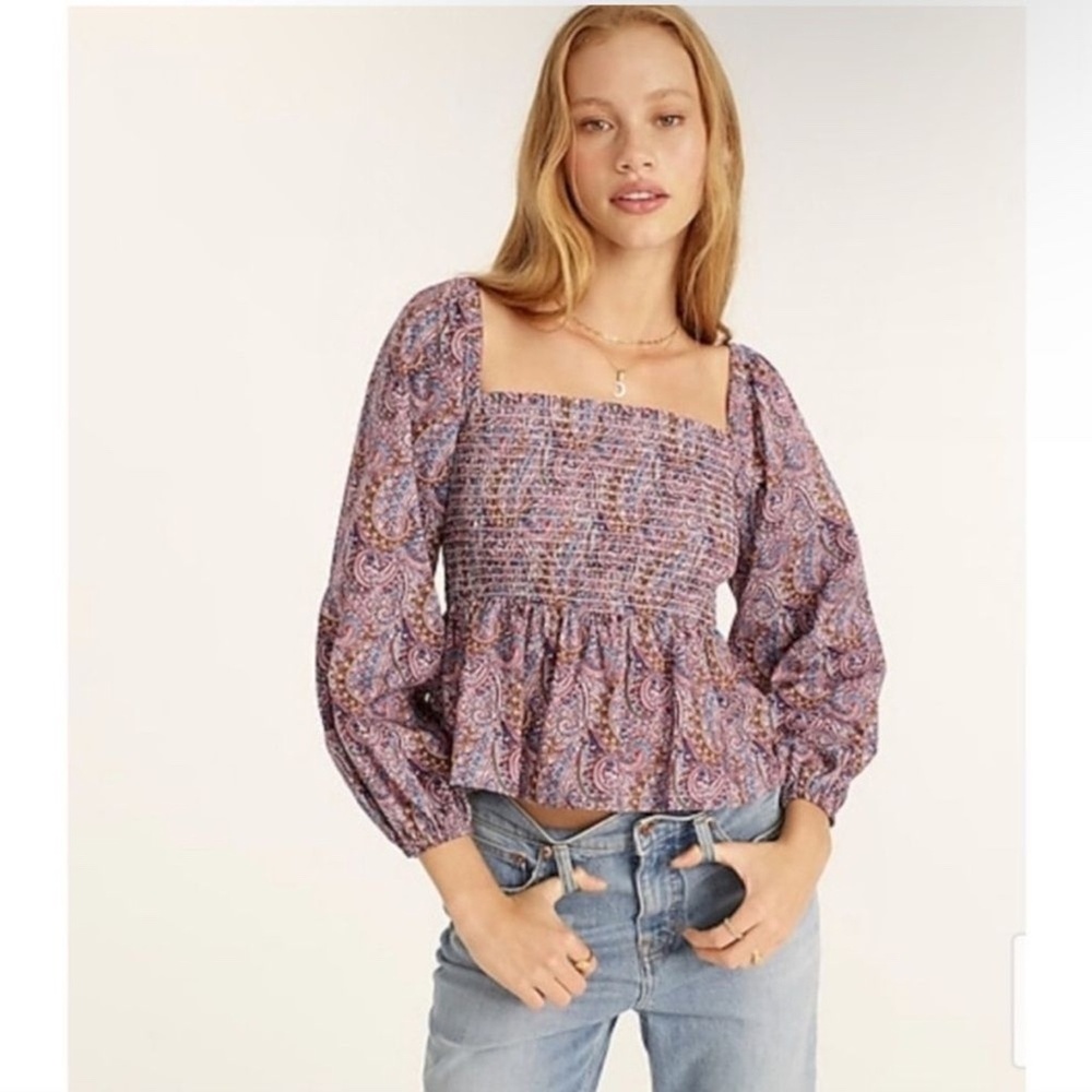 J. Crew Liberty Tropical Prince Print Puff Sleeve Smocked Top XS